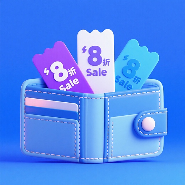 软3D风格钱包盛满梦幻色彩的8折券，可爱塑料质感搭配明亮蓝紫配色，营造出俏皮促销氛围。