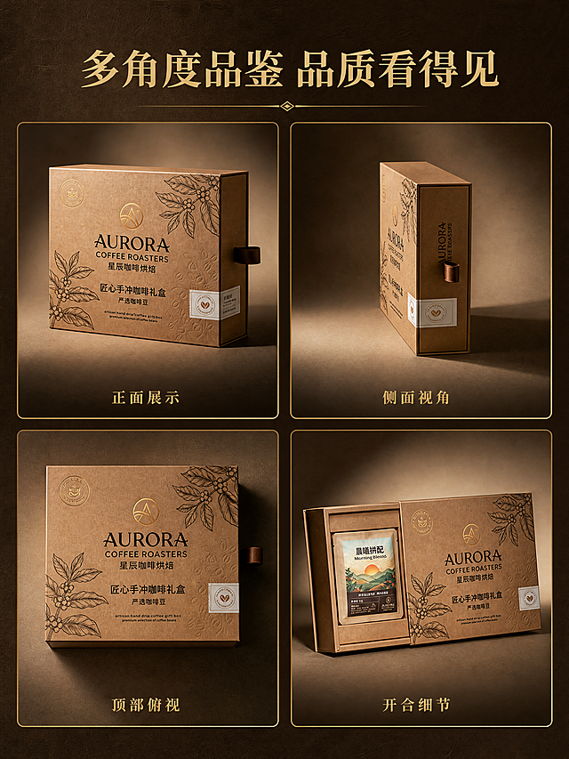 [第7张] 多视角礼盒展示 - AURORA咖啡礼盒不同角度外观拼图。本张使用【图2】作为商品主体。
[氛围/风格] 高端产品展示，多角度呈现，暖棕金调，商业摄影质感。
[元素布局] 画面采用2x2四格拼版布局，每格展示礼盒不同视角：左上格为礼盒正面45度视角（完整展示盒面烫金图案与AURORA字样）；右上格为礼盒侧面视角（展示抽屉抽拉带与盒体厚度）；左下格为礼盒顶部俯视视角（展示完整盒面设计）；右下格为礼盒开合半开状态特写（展示内盒结构）。每格之间有细金色分隔线与留白。背景统一为深棕色质感背景，每格内有独立光影。礼盒各角度结构、颜色、材质一致，包装文字清晰。
[光影质感] 每格独立暖光布光，突出礼盒不同角度的立体感与材质质感，烫金部分有光泽。
[配色色系] 全局底色 #2B1D14 深咖啡棕；主色棕+金；辅助色米白。
[视角构图] 2x2网格布局，四格等大，阅读动线从左上到右下。
[文字版式] 顶部居中大标题：「多角度品鉴 品质看得见」；每格下方有小字标签：「正面展示」「侧面视角」「顶部俯视」「开合细节」。字体为宋体，烫金色。文字不遮挡礼盒主体。
[比例分辨率] 3:4 竖版比例，4K分辨率，文字清晰可辨，高清画质。
[负向提示词] 礼盒变形，角度不合理，包装文字错乱模糊，颜色偏差，水印，分格杂乱。