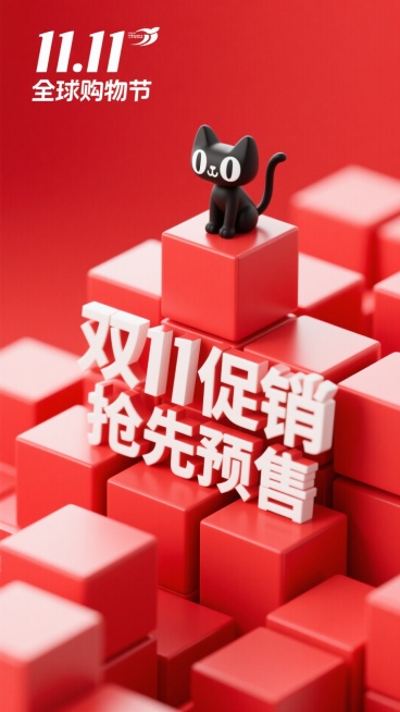 背景为红色。画面中有多个红色立方体叠放，上面的不同面印有白色的 “双 11 促销”“抢先预售” 等字样。左上角有 “11.11 全球购物节” 的标识。中间偏上位置有一个黑色的卡通小猫形象，坐在立方体上预览效果