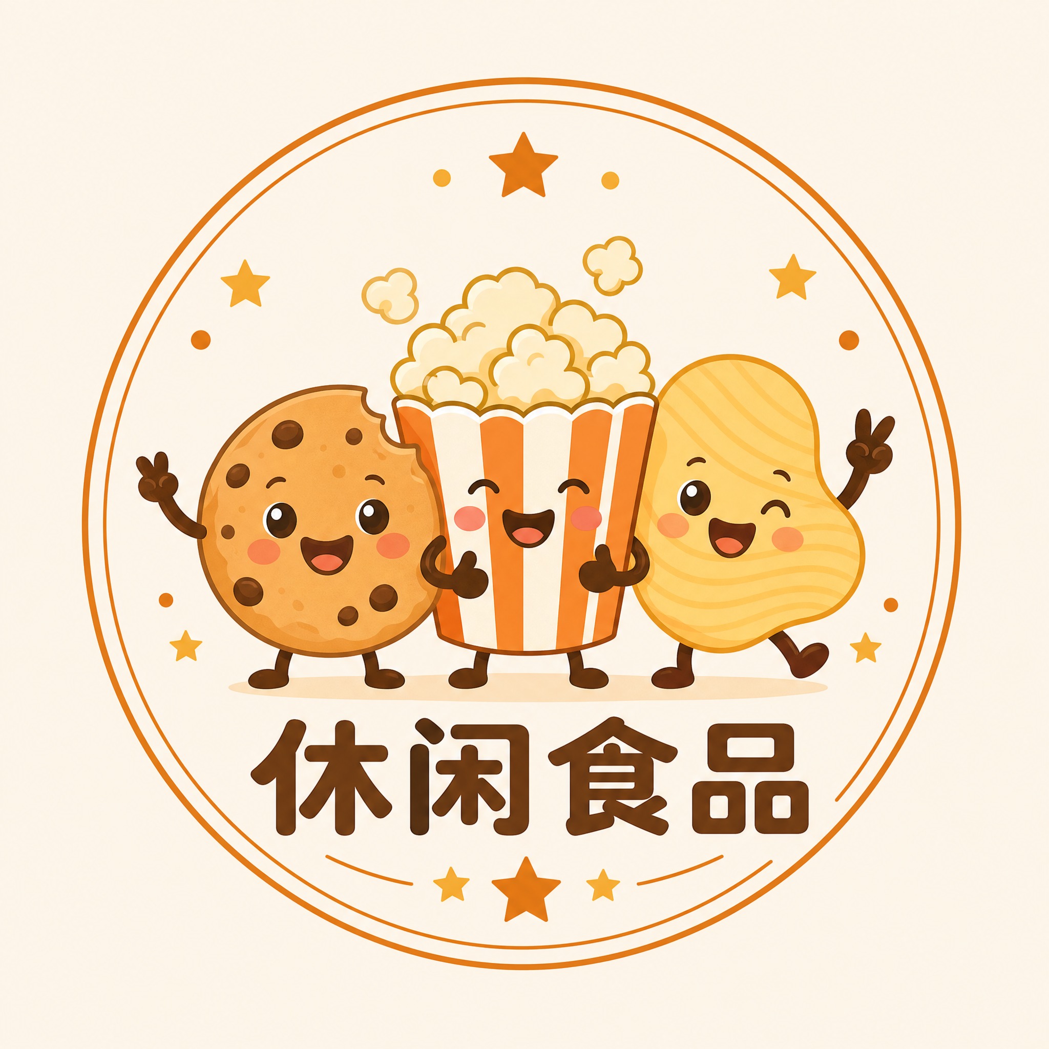设计一款休闲食品店的圆形店标logo：主体是一个可爱微笑的零食… - 图片创意预览