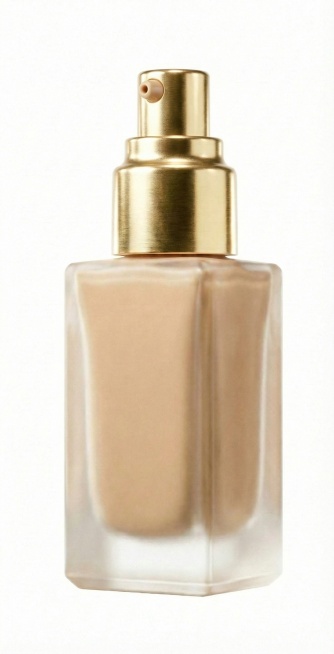 打开金色瓶盖，露出按压式喷嘴，保持磨砂玻璃瓶身的明亮光影与商业精修质感预览效果