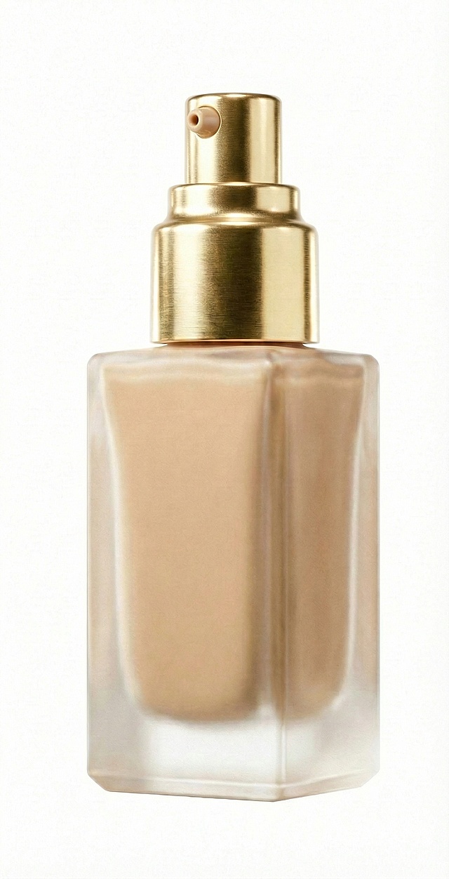 打开金色瓶盖，露出按压式喷嘴，保持磨砂玻璃瓶身的明亮光影与商业精修质感