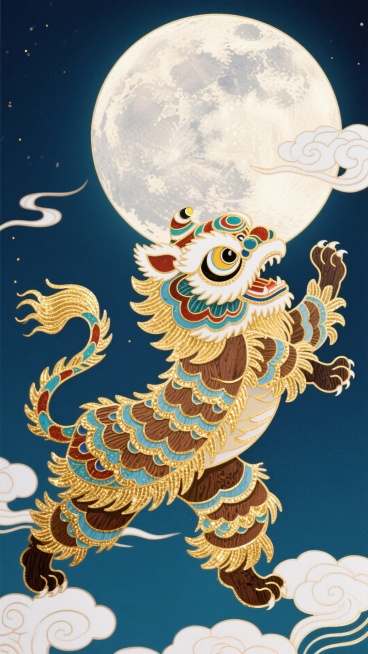 画面模仿水印木刻版画的效果，具有强烈的刀味和水墨晕染感。一只舞狮在月光下灵动起舞，狮身纹理是木刻的刀法，色彩套印略有错位，形成独特艺术感。明月和祥云运用水印的朦胧效果，整体动静结合，既有节日的欢腾，又预览效果