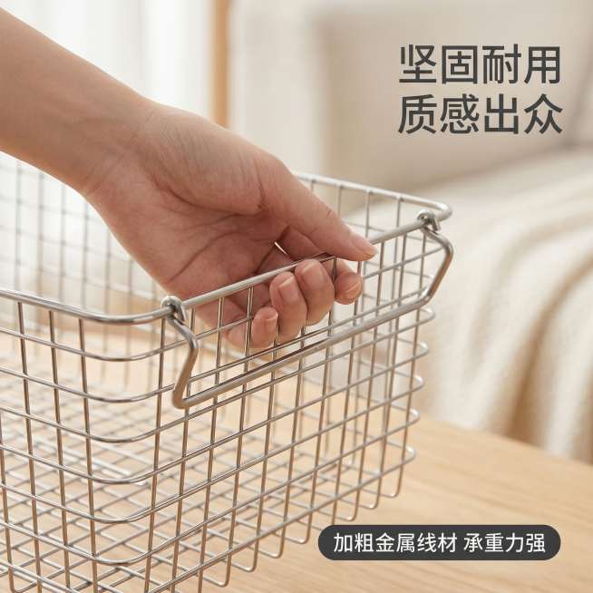 金属网格收纳篮，外观与参考图完全一致，局部特写展示金属网格的焊接细节、把手圆润边缘，一只手正握住收纳篮把手展示手感，光影突出金属的细腻质感和坚固结构，背景是虚化的浅米色家居环境，整体风格舒适简约、家居预览效果