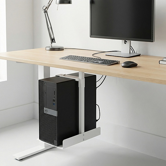 产品为台式电脑主机挂架，安装在桌子下面的，生成它的使用场景图，注意保持产品细节不变，注意产品样式