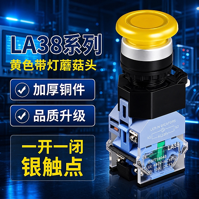 基于原图进行修改，具体要求如下：

1. 背景更换：将原图背景替换为深蓝色工业科技风背景，带有蓝色光效、工业设备轮廓、光斑效果，整体呈现专业的工业科技氛围，类似工业控制室或工厂设备间的深蓝色科技感环境。

2. 产品精修：对黄色蘑菇头按钮开关进行产品精修，清理灰尘、划痕、毛边，金属部分边缘高光清晰利落，塑料部分质感均匀，黄色蘑菇头按钮通透有光泽，黑色部件质感细腻，蓝色透明部件晶莹剔透，整体产品光影自然，立体感强，底部有真实反射倒影。

3. 去除内容：
   - 完全去除左上角的"CHKL凯蓝"LOGO及蓝色白色品牌标识区域
   - 完全去除产品本体上的"CHKL"字样
   - 完全去除产品本体上的"浙江凯蓝电气科技有限公司"字样
   - 产品上保留"LA38"型号标识和参数文字，但去除品牌相关字样

4. 文案保留与字体：
   - 保留原图所有文案内容不变："LA38系列"、"黄色带灯蘑菇头"、"加厚铜件"、"品质升级"、"一开一闭 银触点"
   - 所有文字字体统一使用思源黑体 Bold（粗黑体）
   - "LA38系列"为深蓝色大标题，字号最大
   - "黄色带灯蘑菇头"为黄色副标题
   - "加厚铜件"和"品质升级"两个卖点保留深蓝色圆角矩形背景+白色勾选图标+白色文字的样式
   - "一开一闭 银触点"保留黄色粗体大字样式，带半透明底框

5. 构图与版式：保持原图左文右品的构图布局，产品在右侧，文案在左侧，产品占画面约55%-65%，整体信息层级清晰，专业工业科技风。

6. 光影质感：商业产品摄影质感，主光柔和，产品与深蓝色科技背景自然融合，底部有自然接触阴影和地面倒影，产品不悬浮，金属反光真实自然，黄色按钮有通透发光质感。

7. 尺寸：800*800像素

8. 负向要求：禁止变形、错字、模糊、水印、多余品牌标识、产品结构错误、悬浮感、背景杂乱、改变产品颜色。