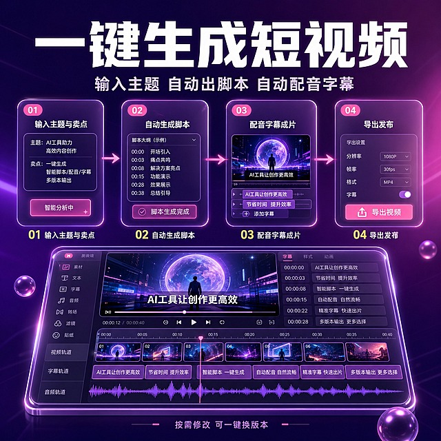 [主图-3] 商品名称：GEO工具自动化·豆包AI引流系统。主题和唯一任务：服务亮点与专业证明，专题讲清自动生成视频，用四步流程加视频编辑界面证明可执行。
[统一基调] 整体风格=AI 霓虹未来感渐变 大字直白；背景主色=深紫罗兰 #241058 到品红 #7B2C9E 的斜向渐变；标题字色=纯白 #FFFFFF；辅助字色=淡紫灰 #D8CDF0；强调色=荧光粉 #FF4FD8 只用于小面积图标 引线 数据高亮；辅助高亮=暖金 #FFD166 用于数字与勾选；字体=同一种现代无衬线粗体做标题、同族常规体做说明，主标题最大最粗，副标题与卖点缩小一半以上；卡片与图标=半透明紫色玻璃拟态卡加发光描边加胶囊标签；光影=背光霓虹光球加柔光边缘光。
[画面] 满版无边框构图，紫红霓虹渐变底。上部为大字标题区；中部为横向四步流程，四张等距半透明玻璃卡自左至右排列，卡内分别为主题输入框、脚本列表、视频时间轴与字幕条、导出按钮的界面小窗示意，四卡由荧光粉细引线与箭头串联，序号胶囊位于每卡左上角；下部为一张宽幅玻璃质感视频编辑界面示意，含分镜缩略图轨道、时间轴、字幕条与播放按钮，界面占比约 40%，轻微俯视；前景漂浮玻璃球与光点，中景为流程卡与界面，后景为霓虹渐变光晕。画面不得出现二维码、手机号、微信号、任何电商平台 Logo 或水印。
[光影质感] 未来感商业三维质感，玻璃卡有厚边折射与内发光，界面有柔和屏幕辉光，投影干净。
[配色] 沿用统一基调，环境仅保留紫红底色与荧光粉、暖金光效。
[文字版式] 上部横排主标题“一键生成短视频”；其下横排副标题“输入主题 自动出脚本 自动配音字幕”；四张卡下方横排文字“01 输入主题与卖点”“02 自动生成脚本”“03 配音字幕成片”“04 导出发布”；底部一行小字“按需修改 可一键换版本”；全部文字横向排版，放负空间，不遮挡界面。
[输出要求] 1:1 正方 2048×2048，2K；文字清晰锐利、简体中文规范、无错字。负向：变形、错字、乱码、模糊、杂乱、界面错位、水印、二维码、平台 Logo、绝对化用语、虚假参数。