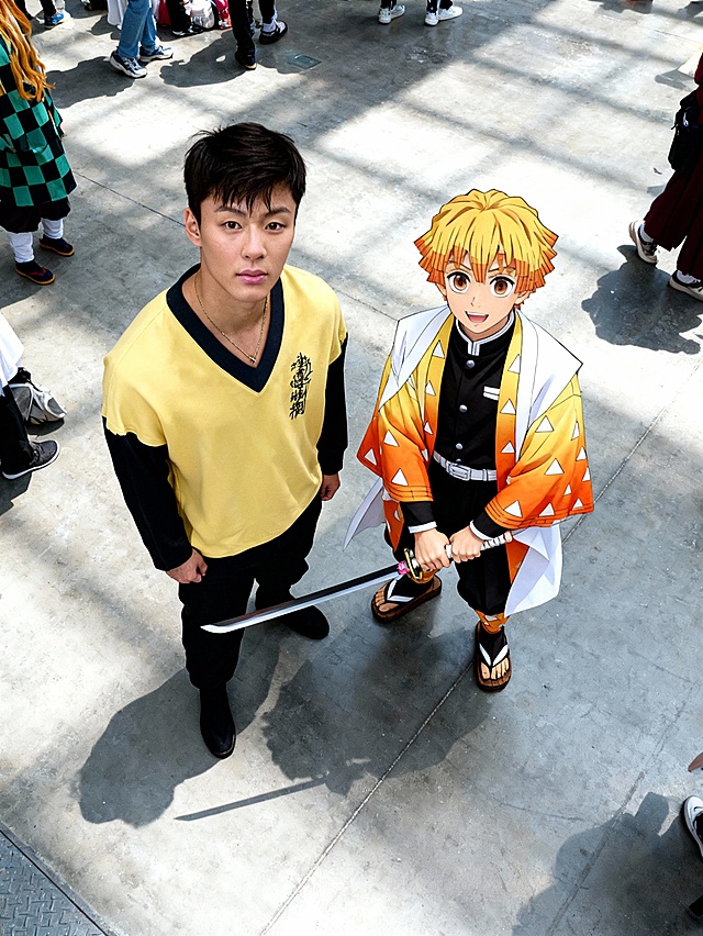 图一和图二，在漫展里合拍，没有其他人，俯拍视角，光线明亮。