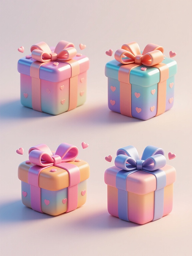 3D立体风格的礼物盒集合，四个不同配色、不同样式、不同材质的礼物盒，采用上下两行对齐排列，每个礼物盒都有圆润的边角和立体感十足的大蝴蝶结，表面带有细腻的光泽和渐变色彩，周围点缀着小巧的心形装饰，整体置于浅色背景上，营造出欢快、喜庆的双11促销氛围，风格统一，光影柔和，具有鲜明的节日气息和吸引力。