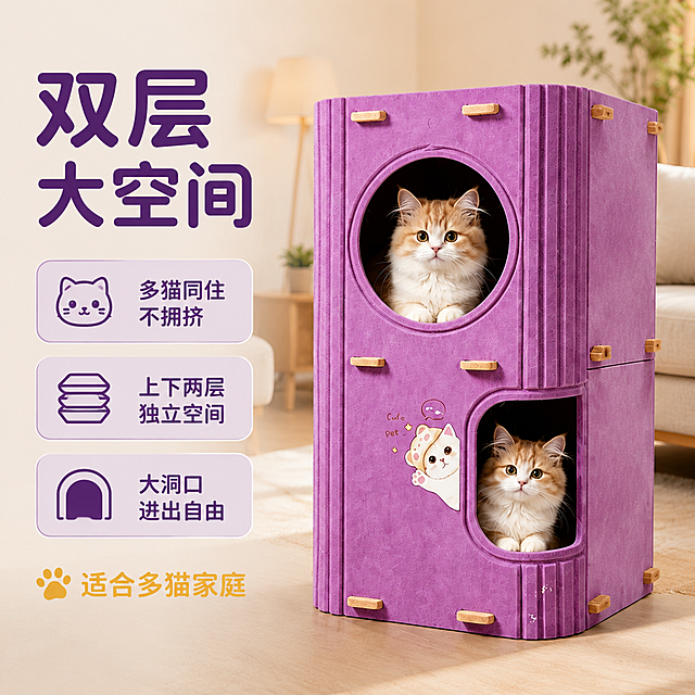 [主图-2] 猫窝核心卖点功能图，展示双层空间与多猫适用。
[氛围风格] 温馨家居风，功能信息清晰，商业摄影质感。
[画质] 超高清商业摄影质感、光线柔和、产品细节清晰、画面干净。
[元素] 紫色双层立式猫窝位于画面右侧，45度斜侧视角展示立体结构，上层圆形门洞、下层椭圆形门洞清晰可见，两只橘白猫咪分别在上下两层中舒适待着，表情可爱。左侧为信息展示区。背景是简洁的浅米色家居背景，带有轻微的客厅环境虚化。**保持紫色猫窝外观（即物理结构、材质质感、颜色、卡通贴纸图案）与输入产品图保持绝对一致，杜绝任何变形和色差，精细化处理**。猫窝旁可以看到木质拼接结构细节，展示安装方式。商品主体占比约60%。
[光影] 柔和的正面偏侧光，均匀照亮猫窝正面和侧面，材质纹理清晰；底部有自然投影，立体感强。整体光线明亮温暖。
[配色] 主色紫色（猫窝）；辅色暖米色、浅木色、白色；文字用深紫色和暖黄色搭配。
[视角构图] 45度斜侧平视，猫窝在右侧，左侧留出负空间放文案和卖点卡片；景深中等，背景简洁。
[文字版式] 左侧竖排布局，顶部主标题大号圆润粗体字写"双层大空间"，深紫色。下方三个圆角矩形卖点卡片，竖向排列，每个卡片左侧有小图标，右侧文字：卡片一「多猫同住不拥挤」配猫咪图标；卡片二「上下两层 独立空间」配楼层图标；卡片三「大洞口 进出自由」配洞口图标。卡片为浅紫色底深紫色字，圆角设计。底部一行小字"适合多猫家庭"，暖黄色。文字清晰可读，不遮挡主体。
[输出要求] 1:1比例，文字清晰锐利，超高清商业摄影质感。
[负向提示词] 变形，文字错乱，产品模糊，背景杂乱，水印，猫咪畸形。