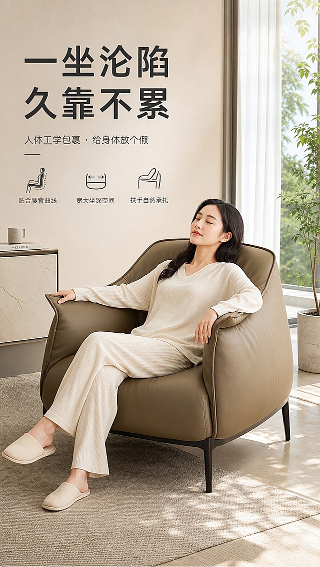 [商品] 使用【图1】卡其棕皮革休闲椅（型号D8810A）；保留整体造型、颜色、材质、结构；商品处理：保持产品原貌，皮革饱满有光泽，金属脚质感清晰。
[画面] 目标：真人沉浸体验，展示坐感舒适度与包裹感。构图：场景大图，一位优雅亚洲女性（30岁左右，休闲家居服）自然侧坐在休闲椅上，身体微靠，手搭扶手，闭眼放松姿态，展示椅子包裹感。椅子+人物占画面约70%，背景为明亮的现代客厅一角，有落地窗、纱帘、绿植，暖调自然光。文案在左上留白区。
[视觉] 套系策略：风格=高级轻奢现代商业摄影；标题字=现代简约无衬线粗体；正文字=纤细优雅无衬线体；主色=暖米白+浅卡其棕；背景延展=基于暖米白做深浅渐变、同色系层次与细腻哑光墙面/地面质感；强调色=灰钛金属色，仅用于小面积图标、引线、标签点缀；标题色=深炭灰；正文色=中暖灰；组件=细线信息卡、金属质感引线、极简图标；光影=左前侧柔和自然光，明亮通透，阴影柔和，整体亮色调。
[文字] 左上留白：主标题「一坐沦陷 久靠不累」（8字），副标题「人体工学包裹 · 给身体放个假」（12字），下方3个体验卖点：「贴合腰背曲线」「宽大坐深空间」「扶手自然承托」，横排文字，不遮挡人物与椅子主体。
[规格] 淘宝/天猫详情页，单屏比例9:16竖版，4K分辨率，负向提示：避免变形、错字、文字过小、冷蓝背景、产品颜色改变、结构失真、极限词、水印、二维码、低俗。