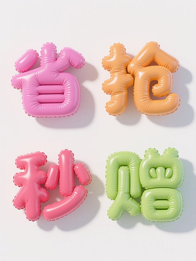 一组4个不同配色规整排布的素材，每个素材为带有充气膨胀效果的艺术字，字体圆润饱满，材质光滑且富有光泽，清晰呈现充气后的自然褶皱和立体悬浮感，纯白色背景，文案分别为“省”、“抢”、“秒”、“赠”，整体设计简洁明快，具有强烈的视觉吸引力和促销氛围。