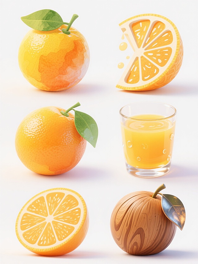 六个不同材质与造型的橙子元素系列素材集合，规整排布在白色背景上。包含：1. 完整的水彩手绘橙子，带有透明晕染质感和绿色叶子，橙黄色调明快；2. 半切的立体剪纸橙子，橙皮有清晰的剪纸纹理，果肉剖面呈现几何切割感；3. 整个的3D渲染橙子，表面有细腻的磨砂质感和高光反射，叶子为光滑塑料材质；4. 一杯橙汁，玻璃杯中橙黄色液体带有气泡和波纹，杯壁有水滴滑落效果；5. 卡通风格的橙子切片，线条圆润，色彩鲜艳饱和，果肉颗粒感明显；6. 写实的木质雕刻橙子，表面有木纹肌理，叶子为金属材质，呈现复古做旧效果。所有元素保持橙子的核心特征，同时展现各自材质的独特质感与风格。
