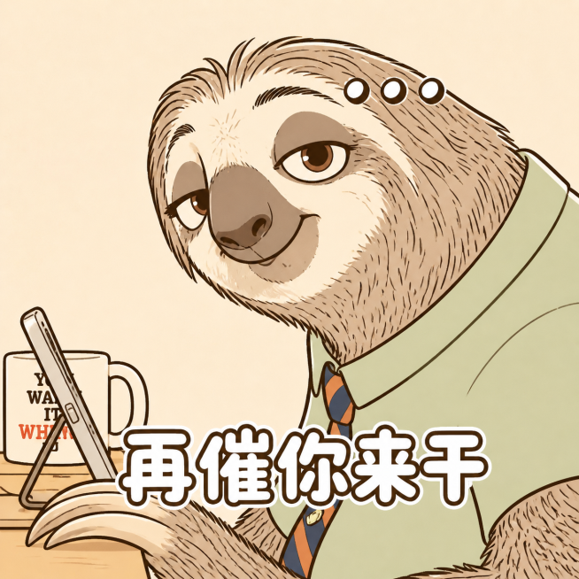 将图片转为简笔画风格，保留树懒的整体造型，文字保留“再催你来干”并将字体改为娃娃体预览效果