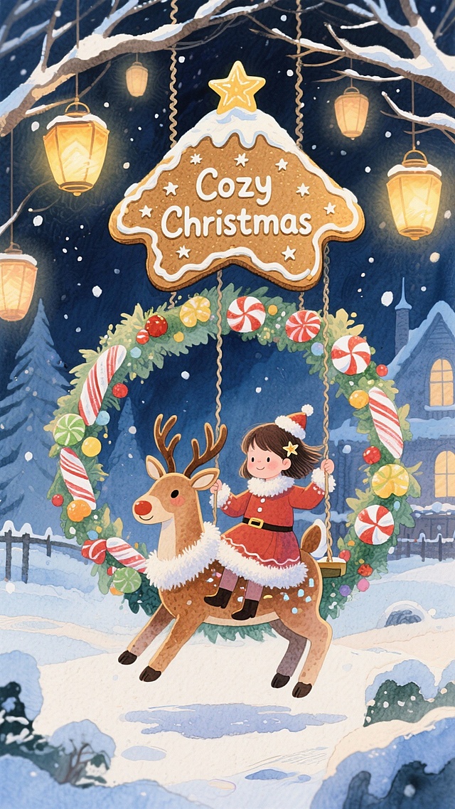 水彩风插画，拟人化小鹿与女孩共度梦幻圣诞夜，暖灯点缀雪景，温馨可爱，节日氛围浓厚。