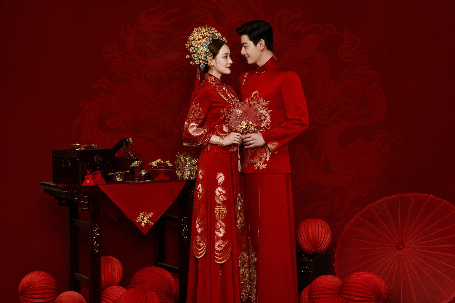 参考图中的中式婚纱照风格，重新生成画面内容，去掉左上角的“嫣… - 图片创意预览