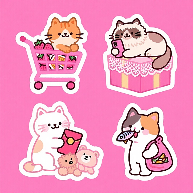 4个物品组合，白色描边，整齐排列（上下两行）。1. 橘猫坐粉色购物车，装满草莓味零食；2. 布偶猫躺蕾丝礼物盒堆上，玩猫咪造型手机；3. 英短猫捡绒面红包，旁摆毛绒玩具；4. 三花猫嘴塞小鱼干，背绒布袋，零食露尖角。粉色背景，高饱和配色。