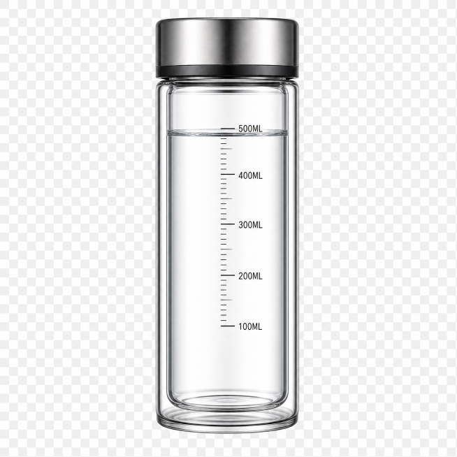 双层保温杯，容量500ML，杯身透明玻璃效果，水位到500ML刻度线，水质透明洁净，清晰显示刻度线，去除底色，纯图标拟物风格，作为饮水机杯量显示按键，背景透明，简洁干净预览效果