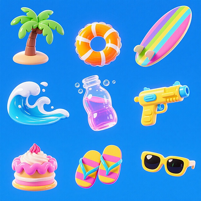 软3D风设计，卡通感十足，清爽夏日元素，塑料质感生动，色彩鲜艳。
