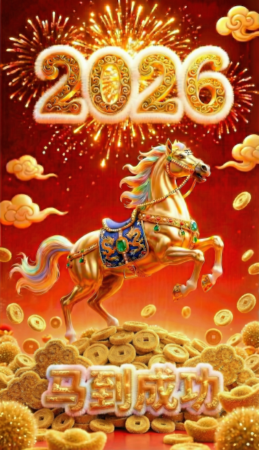 国潮风海报，暗红色祥云纹理层次立体感背景，巨大的“2026”数字，数字内部填充金色祥云纹理，带有焦散光泽效果，“2026”数字从中间断开，上面为“20”下方为“26”，上下左右对齐。中间位置有一个昂头预览效果