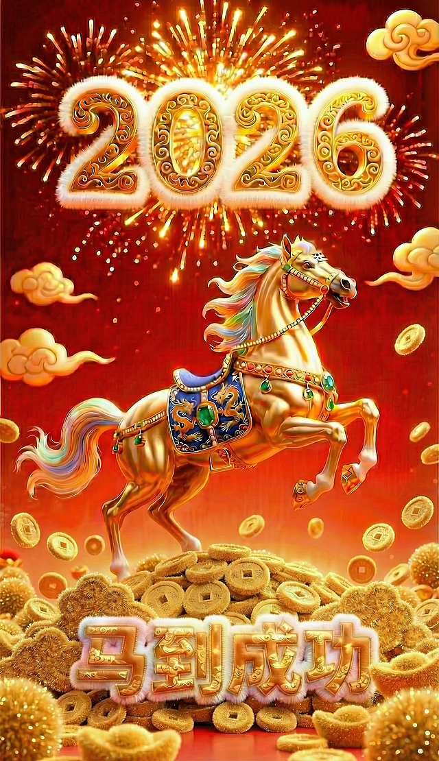 鎏金3D骏马踏金币，浮雕质感配祥云烟花，国潮风重拟物设计，喜庆梦幻尽显中式年味。