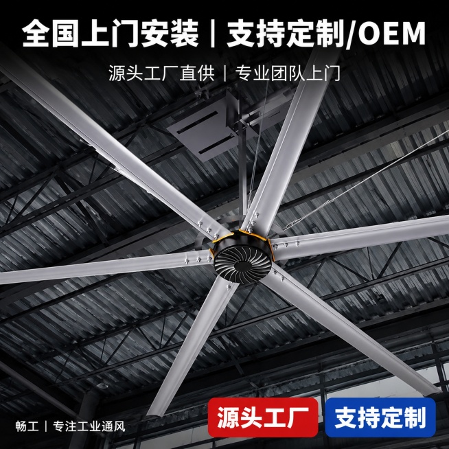 一共四张图
1440×1440px，工业风产品主图，从地面仰视角度拍摄，
一台白色5米6叶工业大吊扇悬挂在钢结构屋顶中央，扇叶完全展开，占据画面60%以上，
金属扇叶有轻微反光，黑色永磁电机，细节清晰预览效果