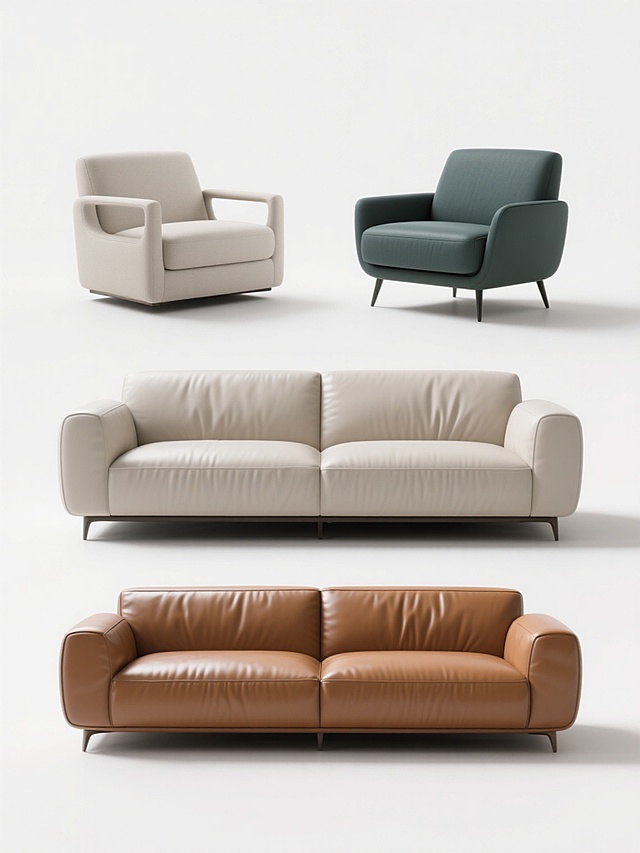 一张展示4个不同配色、不同样式、不同材质沙发造型的产品海报，白色背景，上下两行对齐排列。整体采用高品质3D渲染，具有超写实的质感表现，皮革沙发呈现出细腻的纹理和柔和的光泽，高光和阴影过渡自然，立体感强。沙发造型设计简约现代，线条流畅，每个沙发都有独特的设计细节，如不同的扶手形状、靠背高度、坐垫样式和腿部设计。色彩搭配和谐，每个沙发的配色都具有鲜明的个性和时尚感。画面采用居中对称构图，视觉层级清晰，4个沙发大小一致，排列整齐，形成稳定的视觉平衡。整体风格简洁、专业、高端，突出产品的设计感和质感，适合用于家具产品展示和销售推广。