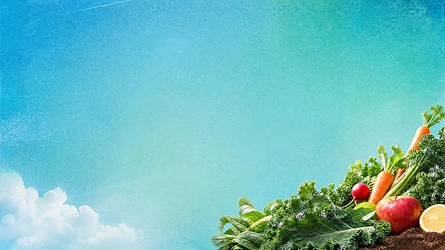 16:9高清PPT背景图，整体背景为参考图1的蓝绿色渐变天空质感，左侧偏下位置放置少量参考图2风格的白色云朵，云朵占比小，不遮挡大面积区域以保证白色文字清晰可见，右下角放置参考图2中被框选的新鲜蔬菜组合（羽衣甘蓝、胡萝卜、小萝卜、苹果等蔬菜原图质感），蔬菜占比比左侧云朵更小，画面干净简洁，适合作为PPT背景，高清细腻，无文字