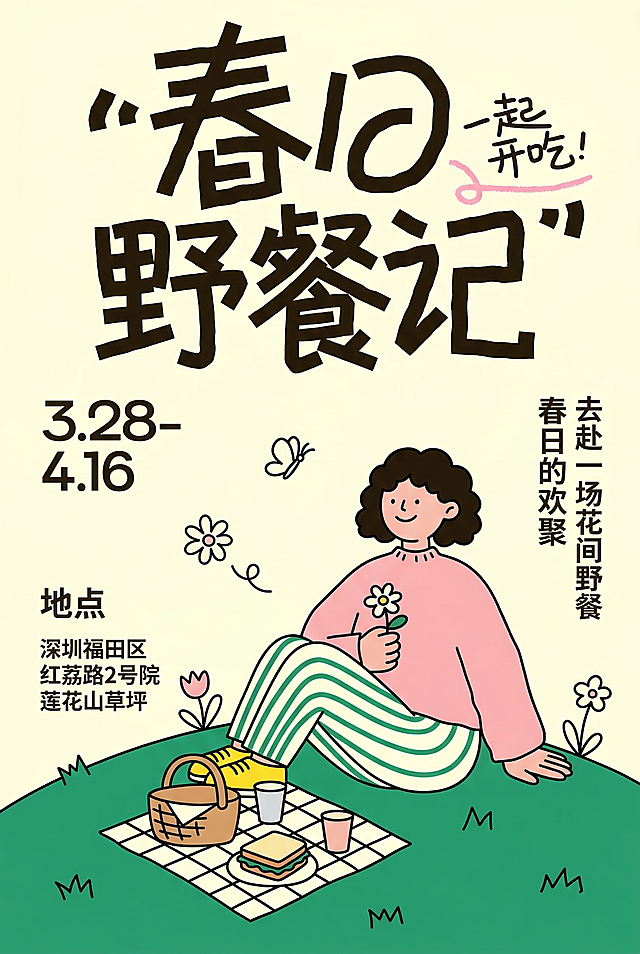 同类型春日活动海报，极简涂鸦插画风格，粗体手绘字体，暖黄浅绿清新配色，可爱卡通扁平人物，活泼出游主题，保持和参考图一致的设计风格