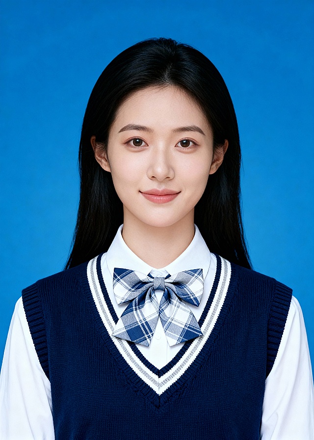 青春学院风马甲蝴蝶结女生蓝底证件照