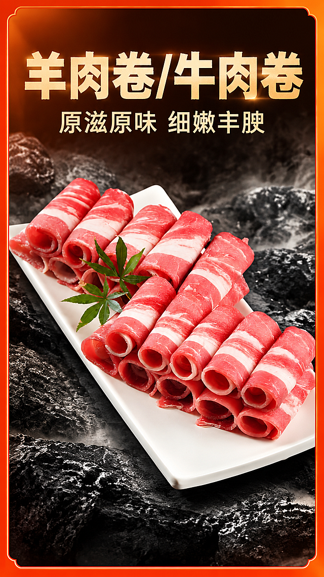 参考第三张海报的版式骨架与氛围，为第二张牛肉卷商品图制作竖版海报。版式复刻：顶部大标题区，中部产品主体区，底部留白，四周橙红色渐变边框。背景为深色岩石纹理+白色烟雾缭绕的氛围，与参考图风格一致。主标题文字为"羊肉卷/牛肉卷"，位于画面顶部，大号粗体字，米白色或浅金色，醒目大气。副标题文字为"原滋原味 细嫩丰腴"，位于主标题下方，字号较小，同色系。产品主体为第二张图中的牛肉卷，100%还原原图肉卷的外形、颜色、纹理、摆盘方式与白色长方盘，肉卷新鲜红润有光泽，肥瘦相间纹理清晰，位于画面中下部，占据画面主要视觉区域。整体暖调食欲感，顶部柔光照射，肉卷质感鲜嫩饱满，烟雾营造高级氛围感。画面整洁，无多余标注文字，仅保留主标题和副标题两行文字。版式精美，文字不遮挡肉卷主体，四周留安全边距。