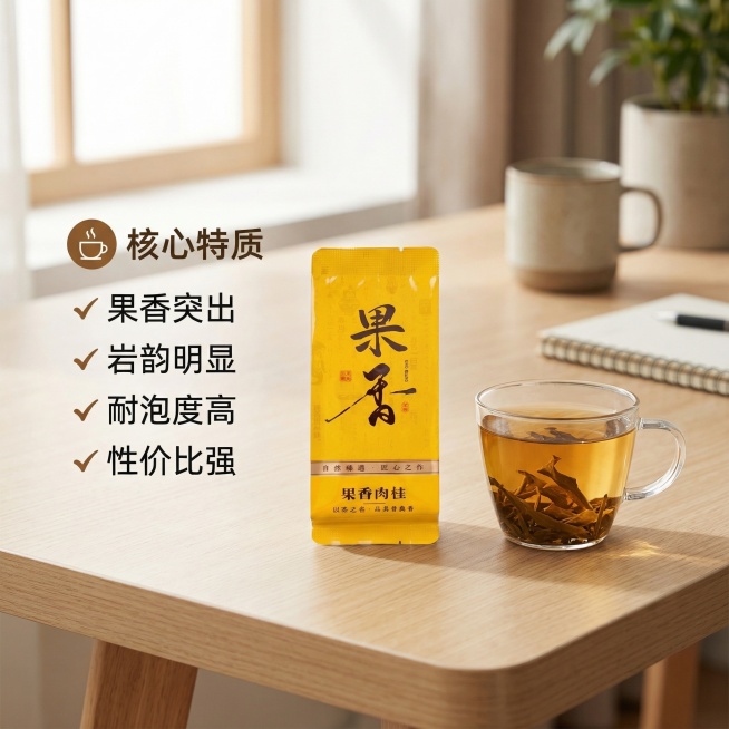 [主图 2] 果香肉桂茶叶核心卖点展示，氛围为自然温馨的居家办公风格，画面元素：独立包装的黄色果香肉桂茶叶包居中展示，旁边摆放冲泡好的琥珀色茶汤，能看见舒展的茶叶，背景为干净浅原木桌面，柔和自然光。产预览效果