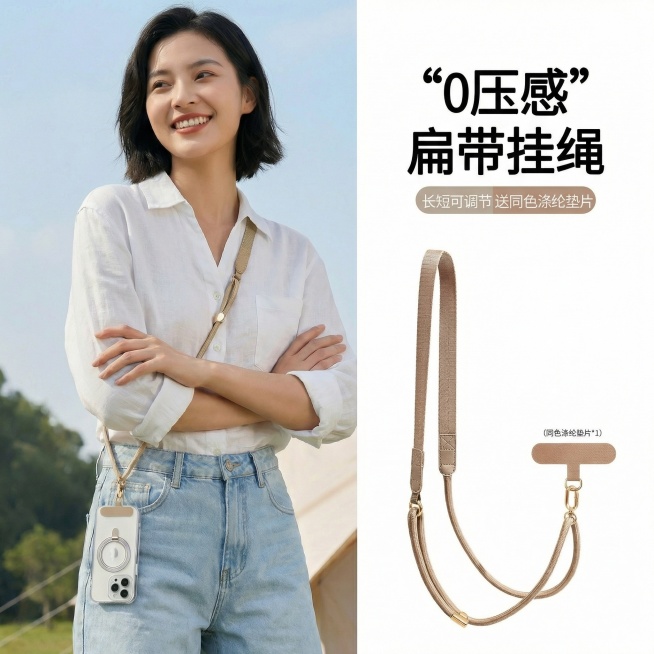 将图中模特替换为图1的短发模特，模特穿着白衬衫和牛仔裤，保留卡其色手机斜挎绳和右侧产品展示及文字信息，画面自然协调预览效果