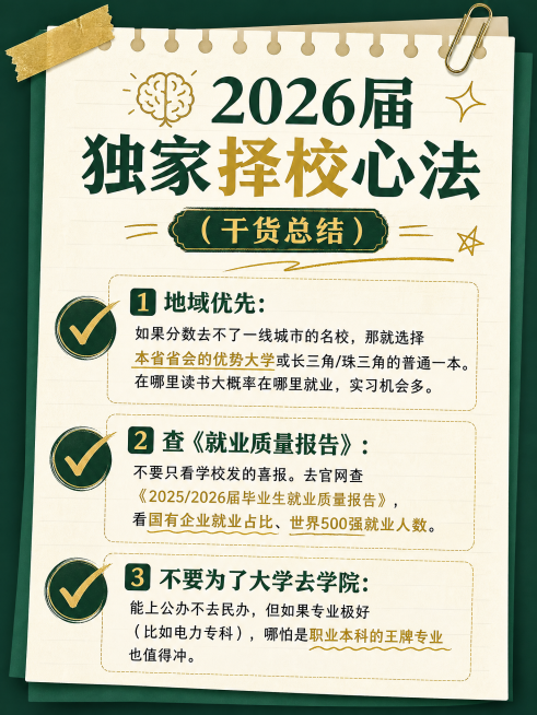 小红书图文分页，便签风排版，主标题🧠 2026届独家择校心法（干货总结），文案列表：1️⃣ 地域优先：如果分数去不了一线城市的名校，那就选择本省省会的优势大学或长三角/珠三角的普通一本。在哪里读书大预览效果