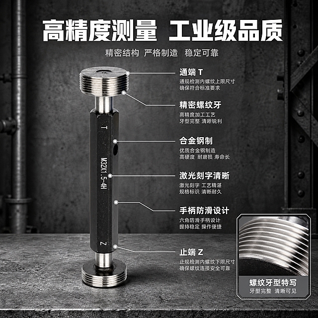 [主图-2] 核心亮点 高精度测量结构展示
[统一基调] 水泥工业风 深灰水泥墙面背景 粗糙水泥质感 冷调工业氛围 主标题白色粗黑体 辅助字浅灰色 强调色金属银 整体硬朗专业 高信息密度满版构图
[画面] 画面主体为一支黑色手柄螺纹塞规 产品大小比例不变 垂直放置在水泥台面上 位置居中偏左 右侧为技术参数信息区 顶部大标题 高精度测量 工业级品质 标题下方用引线从产品各部位引出标注 通端T 止端Z 精密螺纹牙 合金钢制 激光刻字清晰 手柄防滑设计 共5-6条标注线 每条标注配简短说明 右下角放一个放大画中画 展示螺纹牙型的微距特写 能看到清晰的螺纹齿形和金属光泽 背景为水泥墙面带工业管道或钢架元素点缀 整体突出产品的精密结构和专业测量性能
[光影质感] 工业摄影棚质感 正面偏上主光 产品金属部分高光锐利 黑色手柄质感细腻 水泥背景有颗粒纹理 光影层次丰富
[配色] 深灰水泥背景 白色主标题 浅灰说明文字 金属银引线和标注框 产品黑色手柄和金属螺纹保持原色
[文字版式] 顶部主标题粗大白体 右侧标注文字中等字号 白色 引线末端带小圆点 画中画内有小字标注 螺纹牙型特写 所有文字不遮挡产品核心部位
[输出要求] 1:1比例 高清大图 产品清晰结构准确 文字清晰无错字 专业工业风 无水印无平台logo 禁止螺纹变形 禁止产品比例失调