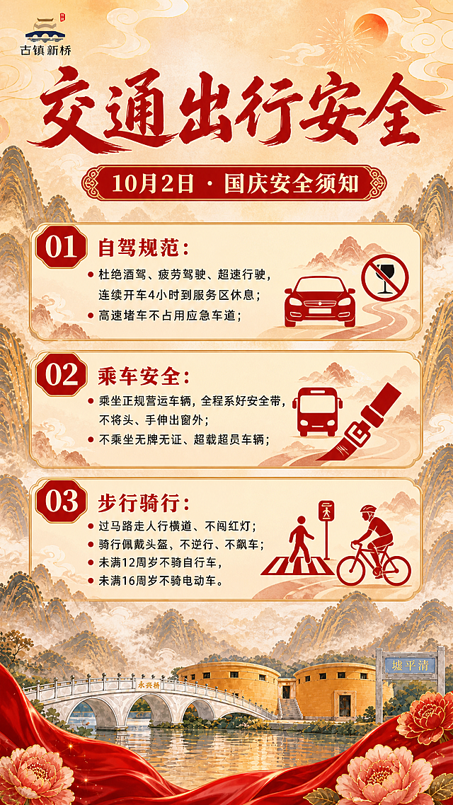 国潮山水风格竖版安全须知海报，延续参考图的红金喜庆配色和国风山水意境。顶部保留古镇新桥logo标识，主标题为红色书法大字"交通出行安全"，副标题为"10月2日 · 国庆安全须知"。中部为三个编号信息板块：01 自驾规范：杜绝酒驾、疲劳驾驶、超速行驶，连续开车4小时到服务区休息；高速堵车不占用应急车道；02 乘车安全：乘坐正规营运车辆，全程系好安全带，不将头、手伸出窗外；不乘坐无牌无证、超载超员车辆；03 步行骑行：过马路走人行横道、不闯红灯；骑行佩戴头盔，不逆行、不飙车；未满12周岁不骑自行车，未满16周岁不骑电动车。背景为暖金色国潮山水云雾，底部有红色飘带和牡丹装饰，整体喜庆庄重，信息清晰可读，版式精美。画面中所有信息区域必须填充完整合理的内容，不得出现空白框。画面中所有数字必须精确渲染，不得错位、遗漏或编造。