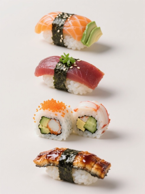 一组4个完全不同的日料寿司元素系列素材集合，每个元素均采用超写实摄影风格，纯色背景，明亮均匀的顶光照明，高清晰度，丰富的食材细节质感，如米饭的颗粒感、海苔的光泽、食材的新鲜色泽，规整对称排布，包含：1. 三文鱼牛油果寿司卷，橙色三文鱼片与绿色牛油果片交替排列，点缀白芝麻；2. 金枪鱼腩握寿司，深红色金枪鱼腩覆盖在醋饭上，顶部撒少许葱花；3. 加州卷，蟹肉棒、黄瓜、牛油果内馅，外裹蟹籽，切片展示……预览效果