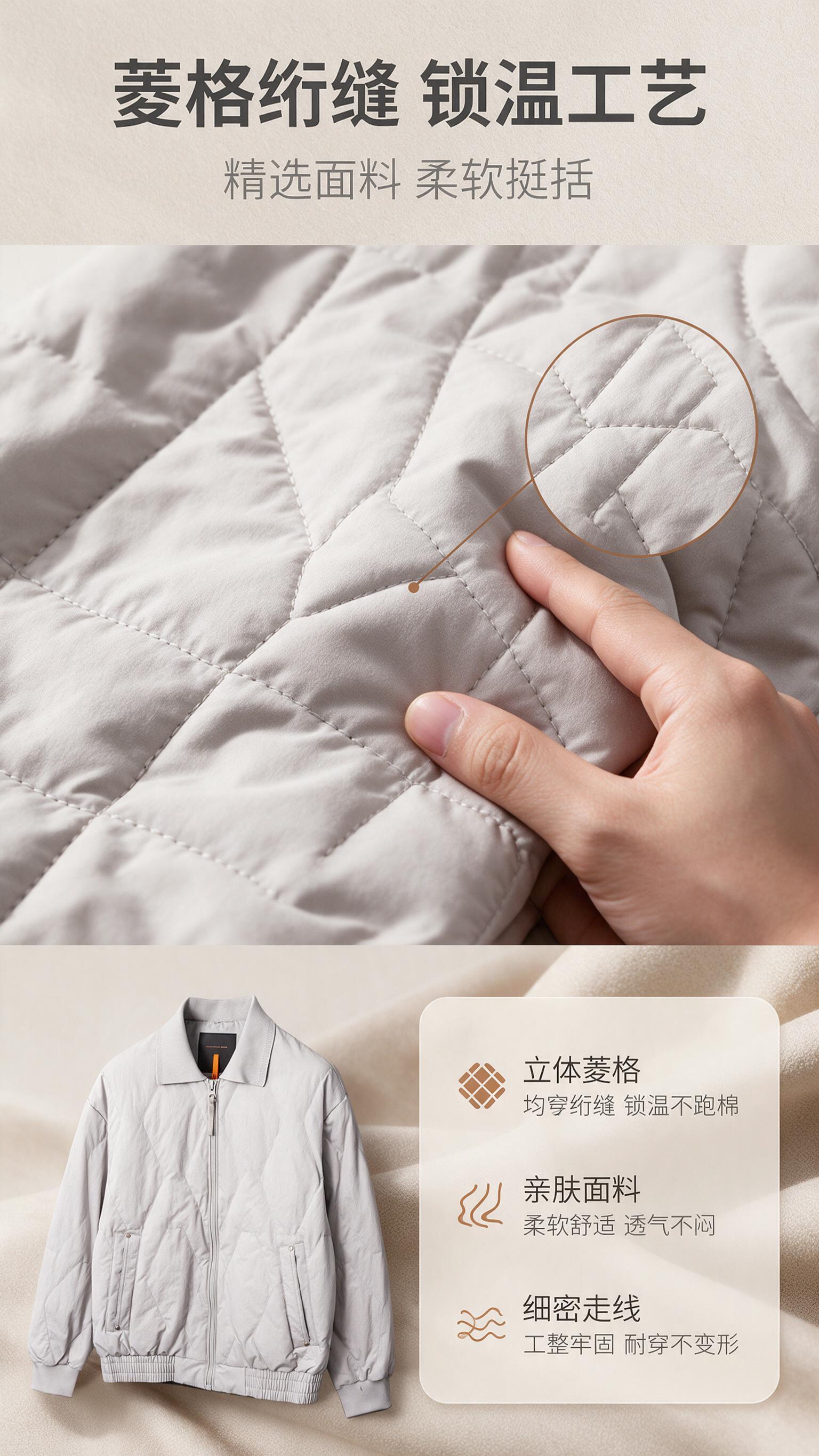 [商品] 使用【图1】男士浅灰色翻领菱格绗缝夹克棉服；商品处理… - 图片创意预览