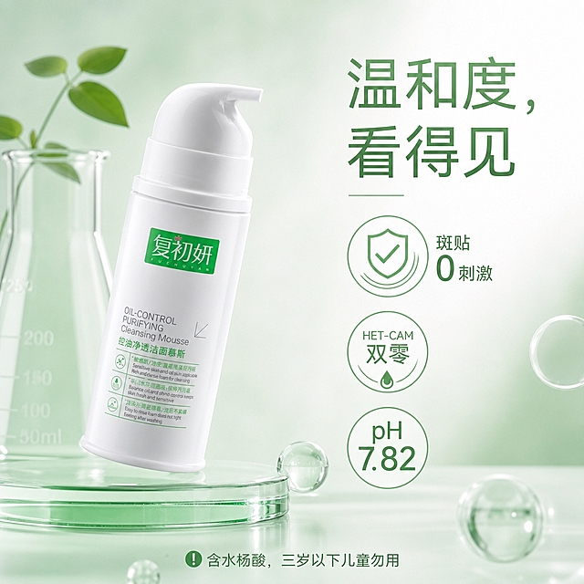 电商主图，1:1正方形，淘宝天猫风格，清新绿色调，复初妍控油净透洁面慕斯产品位于画面左侧，右侧展示三个温和度认证标识图标，分别标注“斑贴 0 刺激”“HET-CAM 双零”“pH 7.82”，上方大字标题“温和度，看得见”，底部小字提示“含水杨酸，三岁以下儿童勿用”，整体安全温和可信的护肤产品风格，柔和浅绿色背景，医疗级专业感