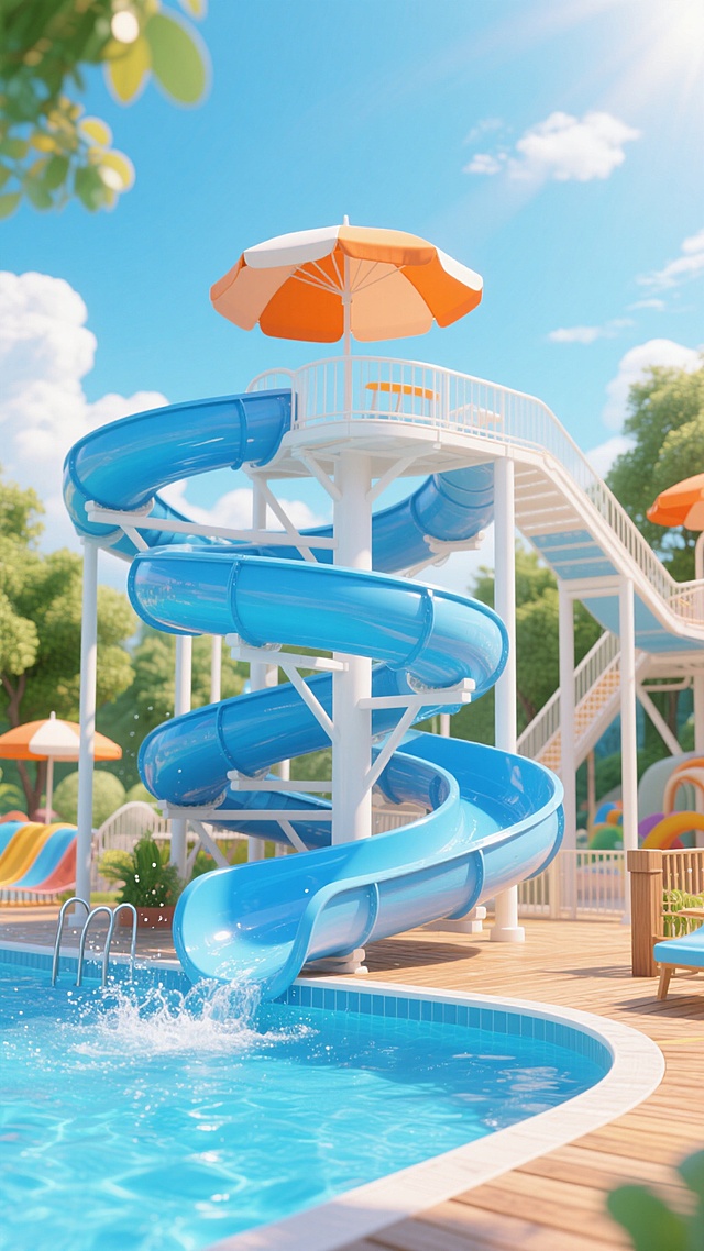 水上乐园全景图，采用软3D风格，主体为多层蓝色螺旋水滑梯和白色支架结构，滑梯表面光滑有渐变光泽，顶部有橙色遮阳伞状装饰，下方是清澈碧蓝的泳池，池水有飞溅的水花效果，岸边有木质栈道，背景是蓝天白云和绿色树木，整体色彩明快清新，光影明亮柔和，阳光充足，营造出欢乐、清凉、充满活力的夏日氛围，画面构图饱满，视觉焦点突出，具有强烈的空间感和立体感。