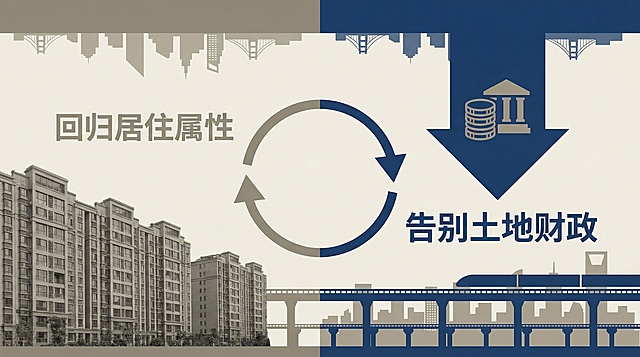 暖灰深蓝配色，画面左侧是淡灰色的房地产楼盘，搭配 “回归居住属性” 的文字，右侧是地方财政图标，土地出让金箭头向下，搭配 “告别土地财政” 的文字，中间是循环的箭头，背景是城市基建轮廓，整体偏沉稳