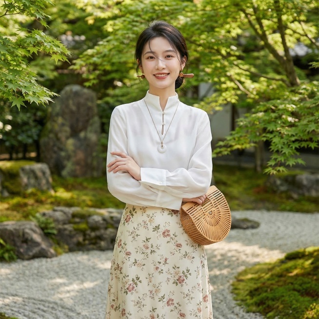 同一个20-25岁长相甜美的年轻东亚女生，全身照，展示图中的这件白色立领水滴扣上衣，搭配米白色碎花半身裙，上衣不塞下装。女生留低丸子头，用木质发簪固定，几缕碎发修饰脸颊，佩戴木质耳坠、和田玉平安扣项链预览效果
