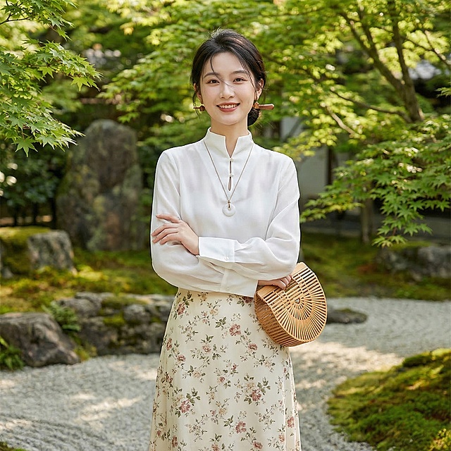 同一个20-25岁长相甜美的年轻东亚女生，全身照，展示图中的这件白色立领水滴扣上衣，搭配米白色碎花半身裙，上衣不塞下装。女生留低丸子头，用木质发簪固定，几缕碎发修饰脸颊，佩戴木质耳坠、和田玉平安扣项链，手拿木质手拿包，化清透自然淡妆，嘴角带着温柔笑意，做双手抱胸的摆拍动作。背景统一是日式庭院，青石板路搭配枯山水造景，周围布满翠绿苔藓与枫树，自然柔和的日间散射日光，整体色调暖调通透，没有生硬阴影，色彩温润自然，人物对焦精准，皮肤质感真实细腻，整体充满松弛慵懒的春日日常感，生活气息浓郁。