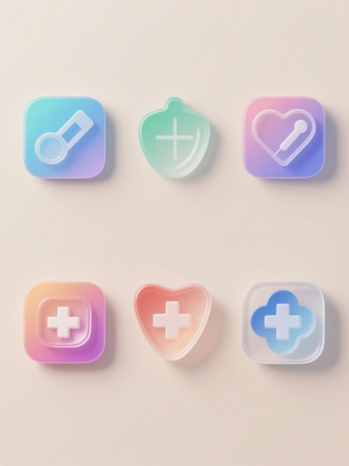 6个不同配色、不同样式的医疗元素图标，采用3D立体设计风格，具有光滑的渐变质感和明亮的高光表现，每个图标都有清晰的轮廓线条和细腻的阴影细节，整体呈现出简洁现代的视觉效果，以浅色背景为衬托，上下两行整齐排列，图标间距均匀，视觉层次分明，色彩搭配和谐且区分度高，符合医疗行业专业、可信赖的视觉传达需求，设计感强，信息传达清晰高效。预览效果