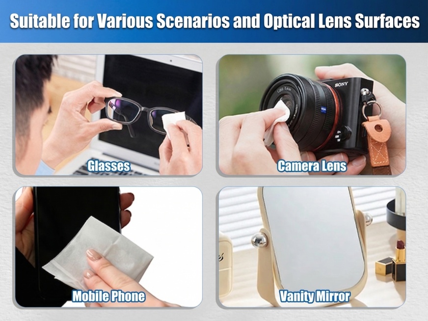 将图中的日语全部替换为英文：大标题“Suitable for Various Scenarios and Optical Lens Surfaces”，四个应用场景依次替换为：Glasses, Cam预览效果