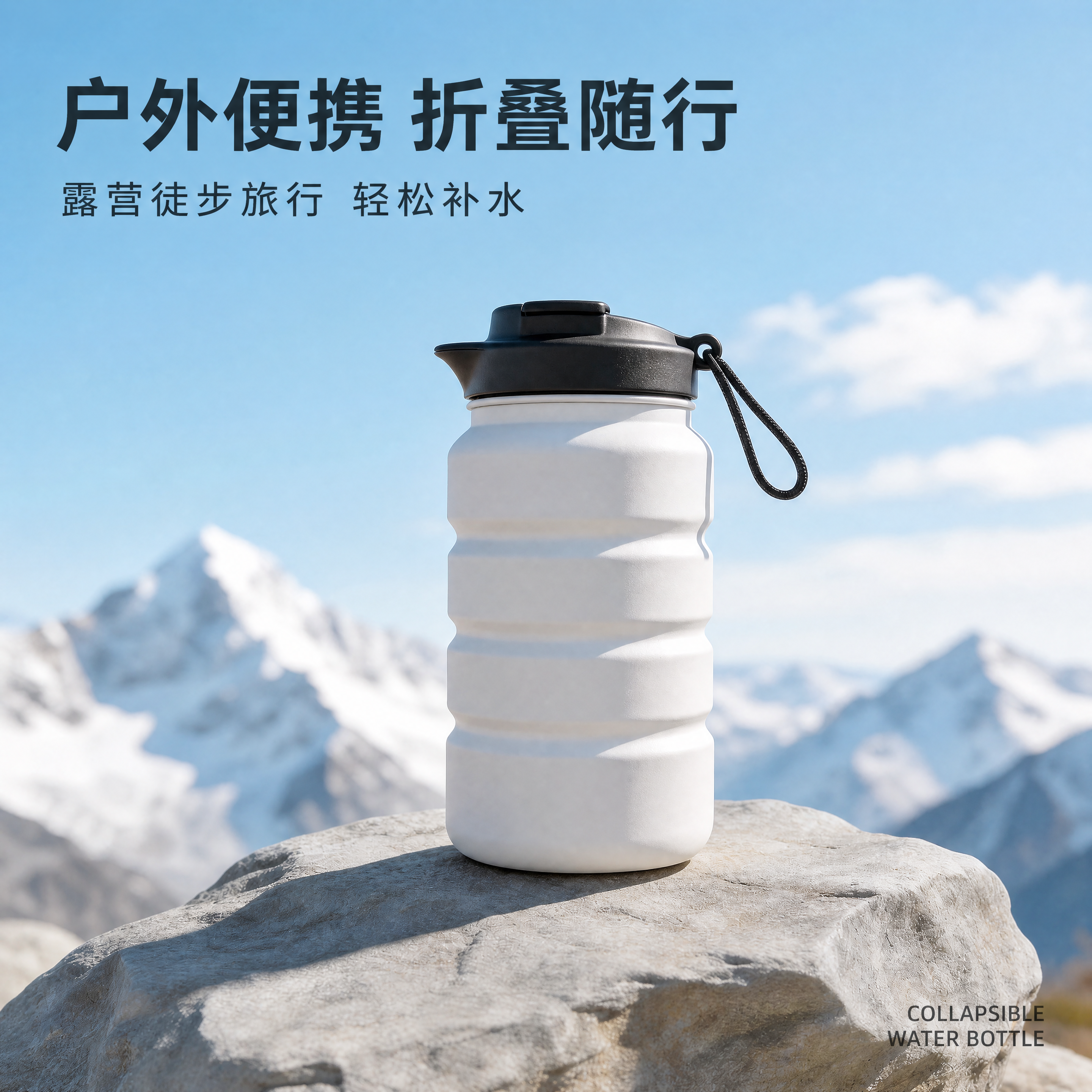 [第1屏] 本屏功能定义：折叠水壶户外场景宣传海报，产品为白色… - 图片创意预览