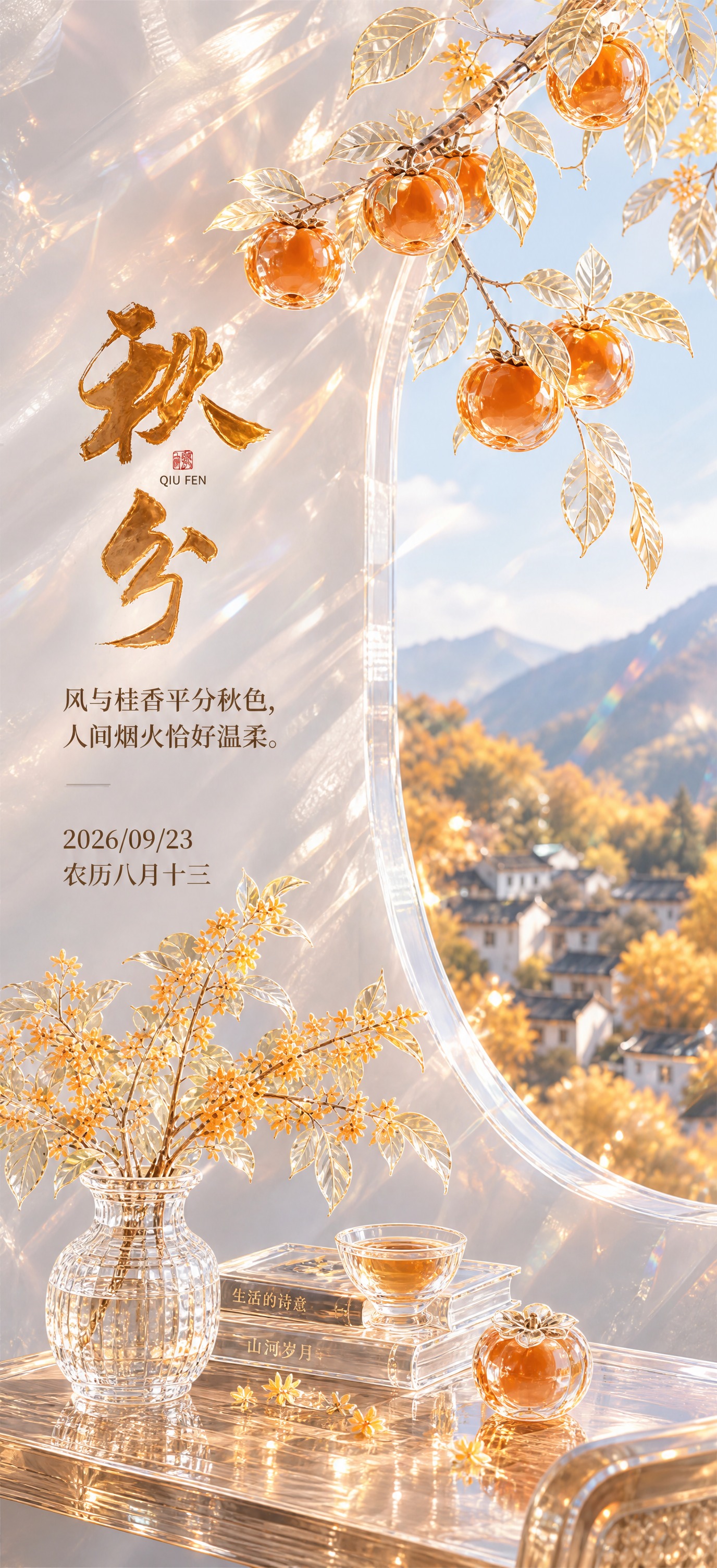将这张秋分节气海报整体改为第二张参考图的透明玻璃水晶质感，带有… - 图片创意预览