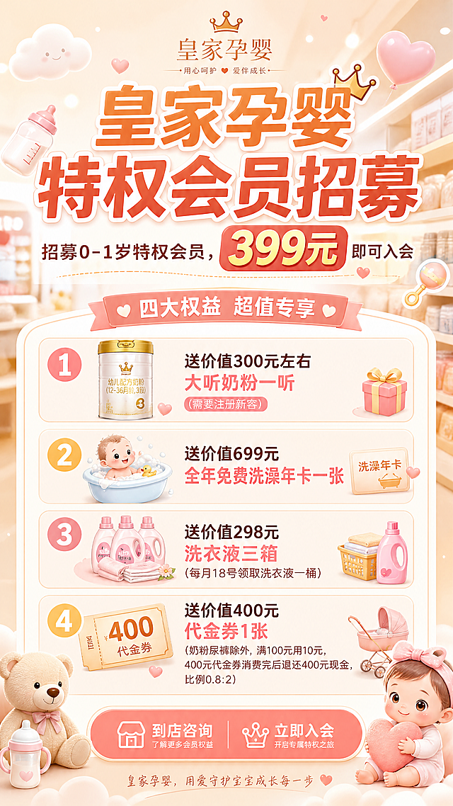 母婴门店会员招募海报，暖色调温馨风格，主标题写大字“皇家孕婴特权会员招募”，副标题“招募0-1岁特权会员，399元即可入会”，清晰列出四大权益：1、送价值300元左右大听奶粉一听(需要注册新客)；2、送价值699元全年免费洗澡年卡一张；3、送价值298元洗衣液三箱（每月18号领取洗衣液一桶）；4、送价值400元代金券1张(奶粉尿裤除外，满100元用10元，400元代金券消费完后退还400元现金，比例0.8:2)，设计干净整洁，信息清晰突出，适合母婴店线下宣传，风格亲切柔和。