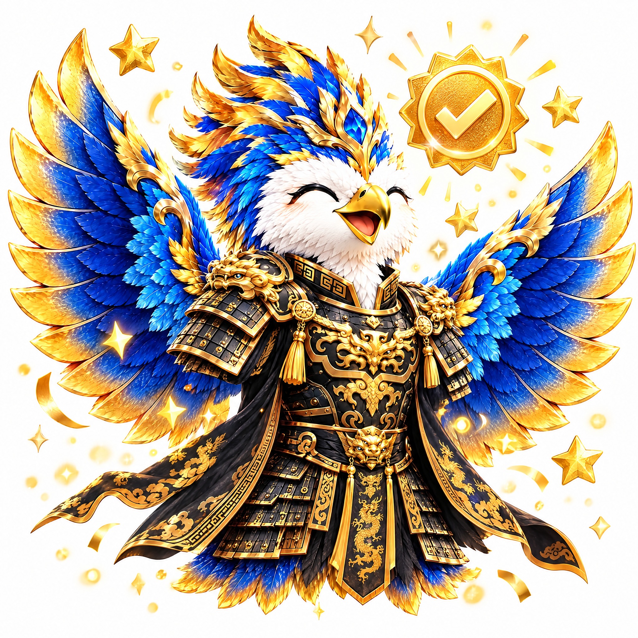 参考图中的蓝金色鹰形小神兽（蓝金渐变羽毛、金色头饰蓝宝石、黑色… - 图片创意预览