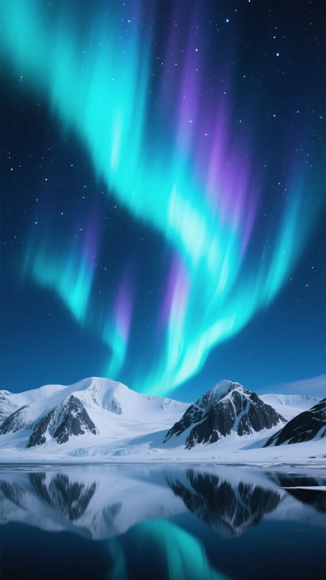 一张展示壮丽极光的风景海报，画面下方是覆盖着皑皑白雪的连绵山脉，山体呈现出冷峻的灰黑色岩石质感，山顶积雪在微光下泛着柔和的白色。山脉前方有一片平静的水面，清晰地倒映出天空中的极光和部分山体轮廓。天空占据画面大部分区域，深邃的深蓝色夜空中布满了闪烁的白色星星，绚烂的极光从天空中垂落，主要呈现出明亮的蓝绿色和紫色渐变，光带形态飘逸，如同流动的彩带，部分光带带有明亮的蓝紫色条纹，整体光影效果梦幻而神……预览效果